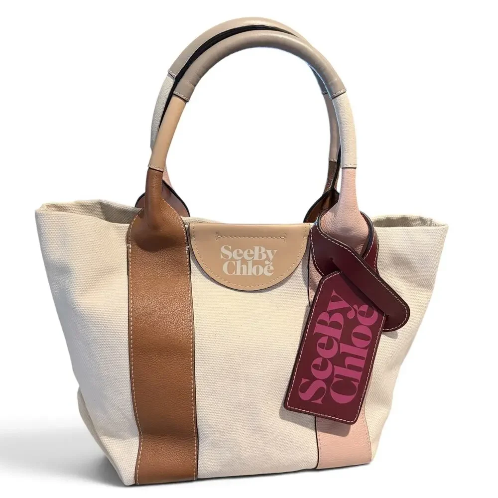 See by Chloé Ivory Canvas Tote Bag Tan Blush Leather Trim Dual Handle w/ COA